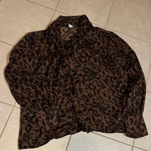 Leopard Long-Sleeve Tie-Neck Chiffon Top